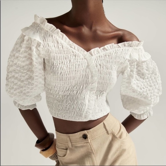 Zara Tops Zara Smocked Off The Shoulder White Crop Top Poshmark